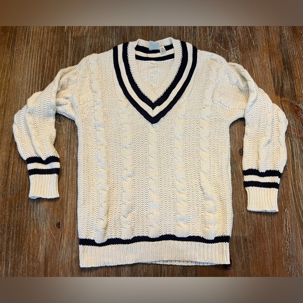 WOMENS VINTAGE V-NECK CABLE-KNIT TENNIS SWEATER, 100% COTTON, MEDIUM